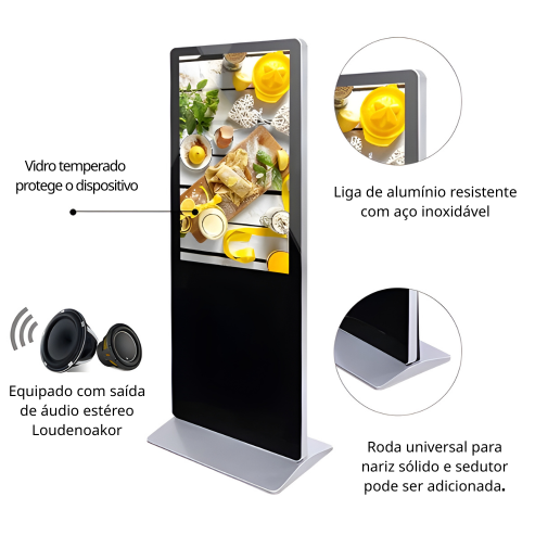 Totem Digital Vertical 55” com Android, WiFi, Bluetooth, Touch e Tela Full HD de 450 Nits